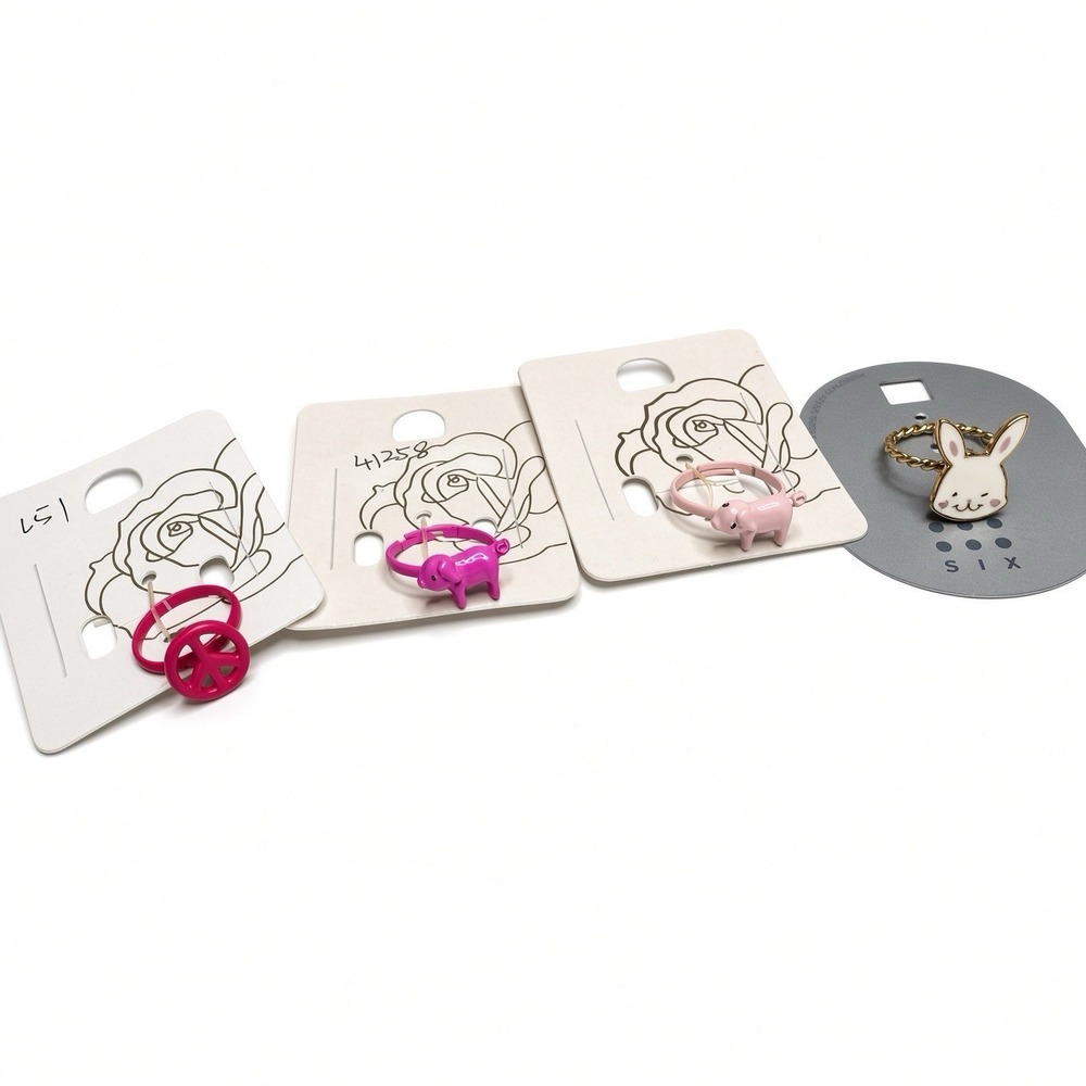 Lot of 4 Cute Enamel Rings – Pink Pig, Magenta Animal, Peace Sign & White Bunny